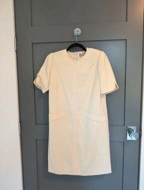 Vintage Ingeborg Made in USA Ivory Textured Short Sleeve Shift Mini Dress with P